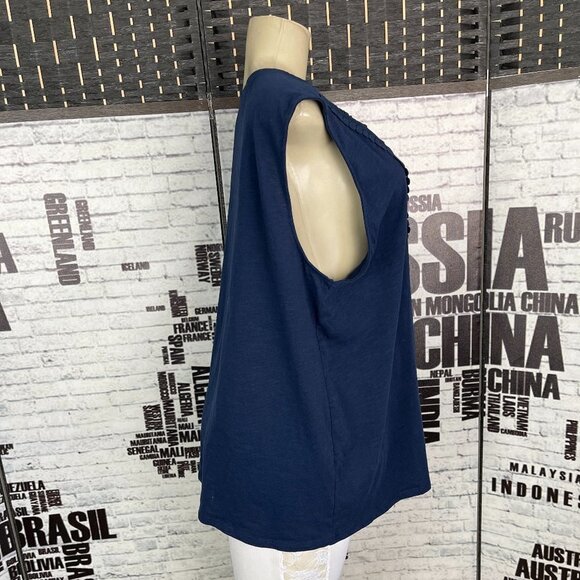 Grace Elements Plus XXL Navy Applique Detail Split Neck Cotton Sleeveless Top - Picture 3 of 6